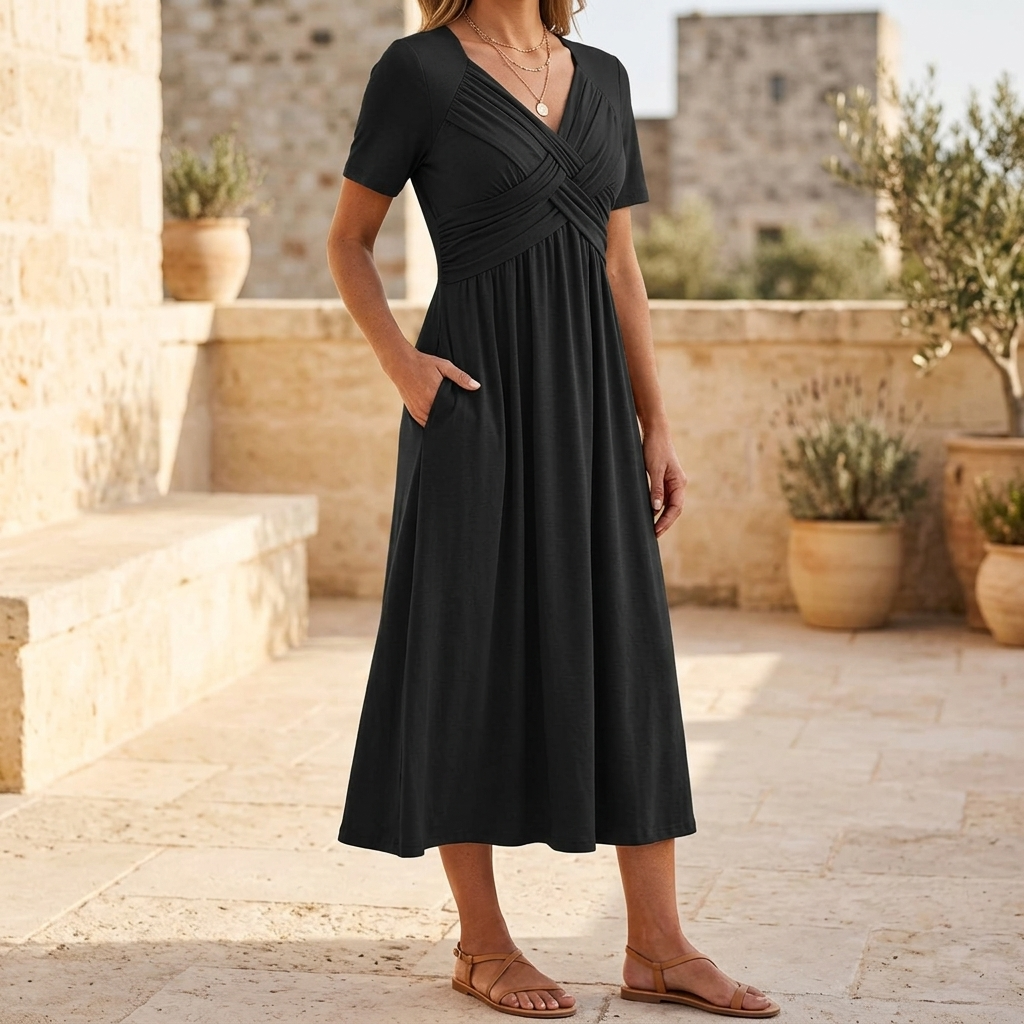 Women’s black crossover V-neck midi dress with empire waist and short sleeves