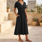Women’s black crossover V-neck midi dress with empire waist and short sleeves