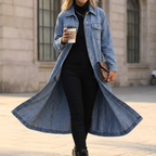 Blue oversized denim coat with a flowing long hem and button front