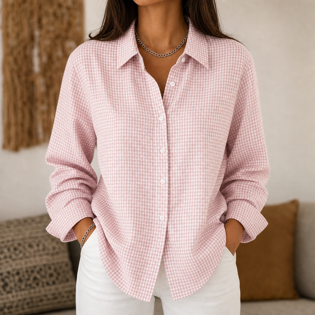 Women's pink gingham relaxed-fit button-down shirt with long sleeves and collar
