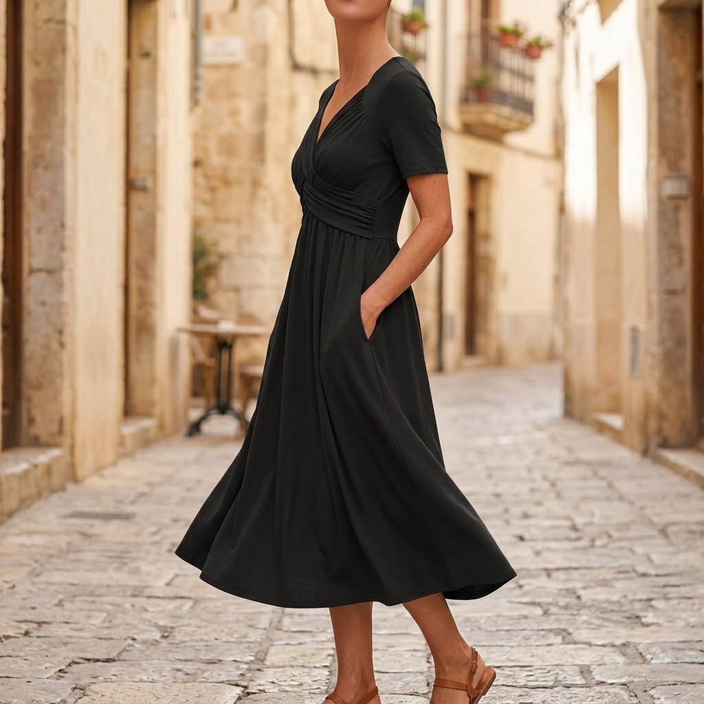 Women’s black crossover V-neck midi dress, short sleeves, A-line skirt