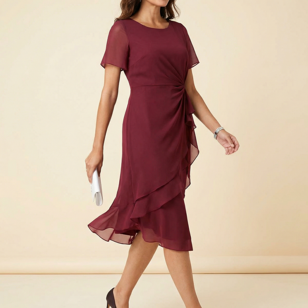 Burgundy gathered twist-waist midi dress with fluttering ruffle hem, short sleeves