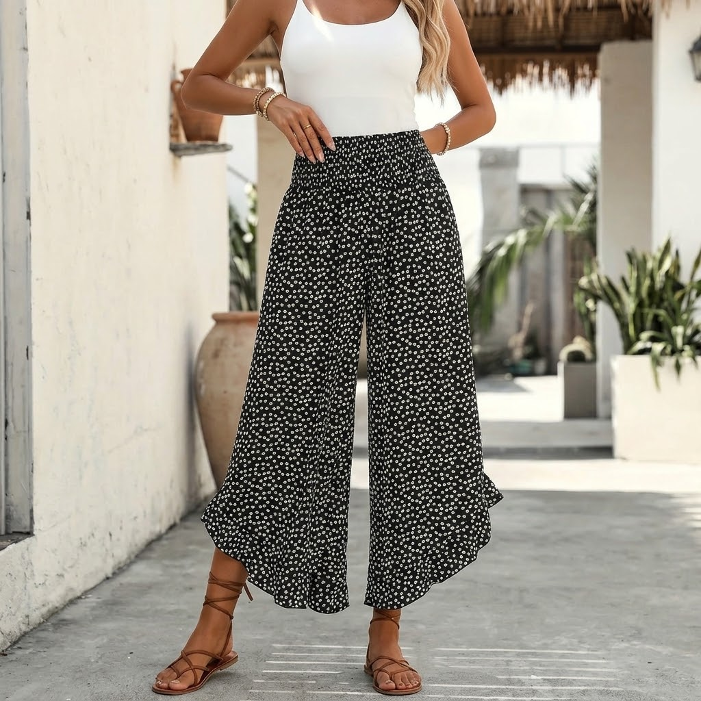 Black wide-leg ruffle trousers with smocked elastic waist and tiny white daisy-like print