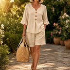 Beige women’s linen-look ruffle-sleeve top and matching shorts set