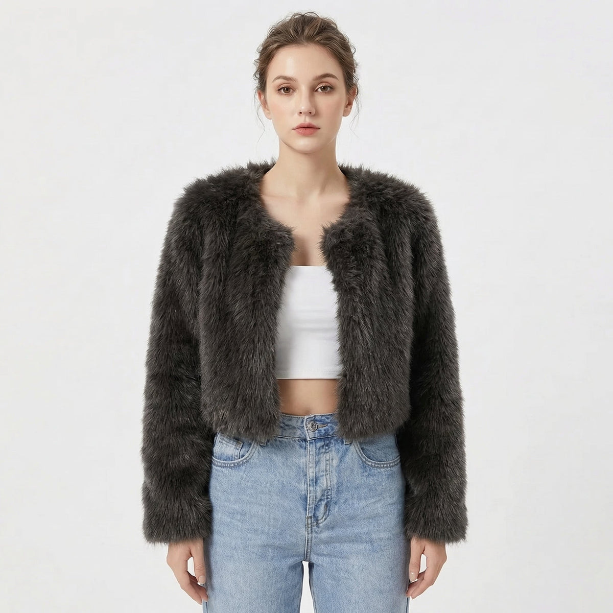 Cropped faux fur jacket, open front, shaggy dark faux fur texture