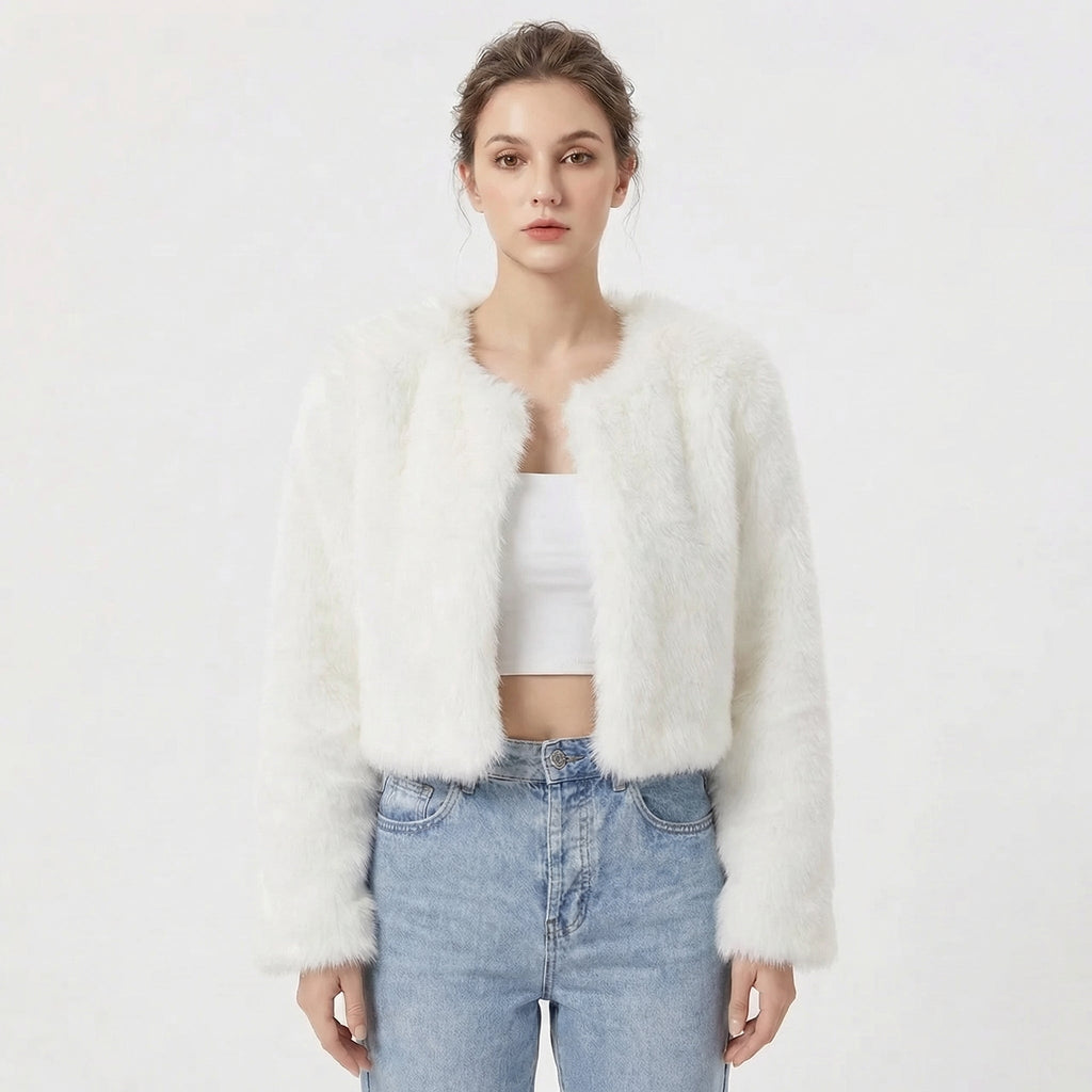 Cropped faux fur jacket, open front, shaggy white texture