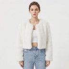 Cropped faux fur jacket, open front, shaggy white texture