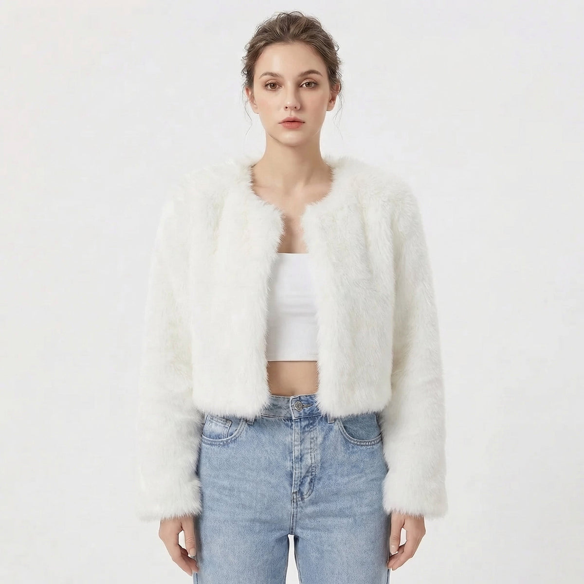 Cropped faux fur jacket, open front, shaggy white texture