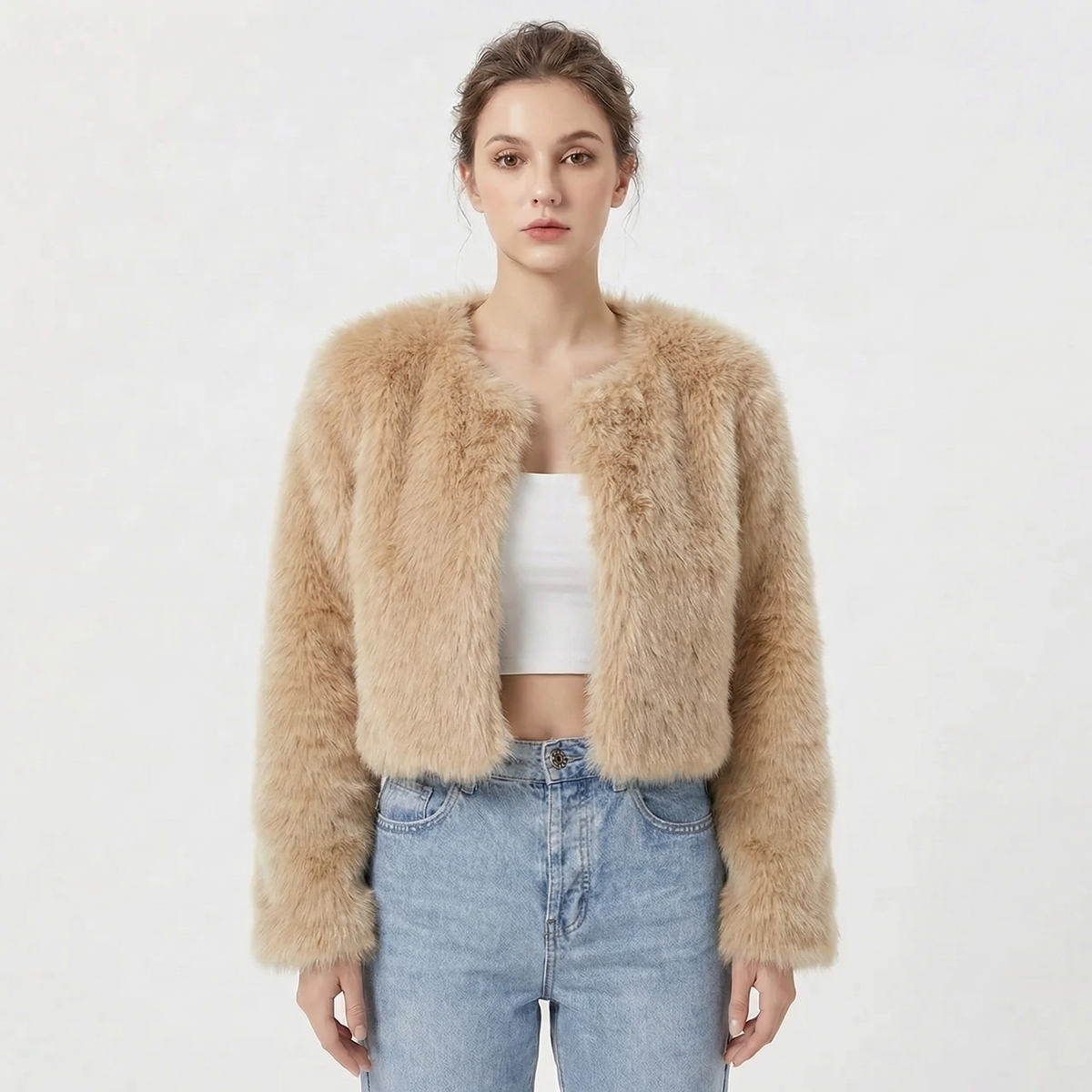 Cropped faux fur jacket, open front, shaggy warm beige faux fur texture