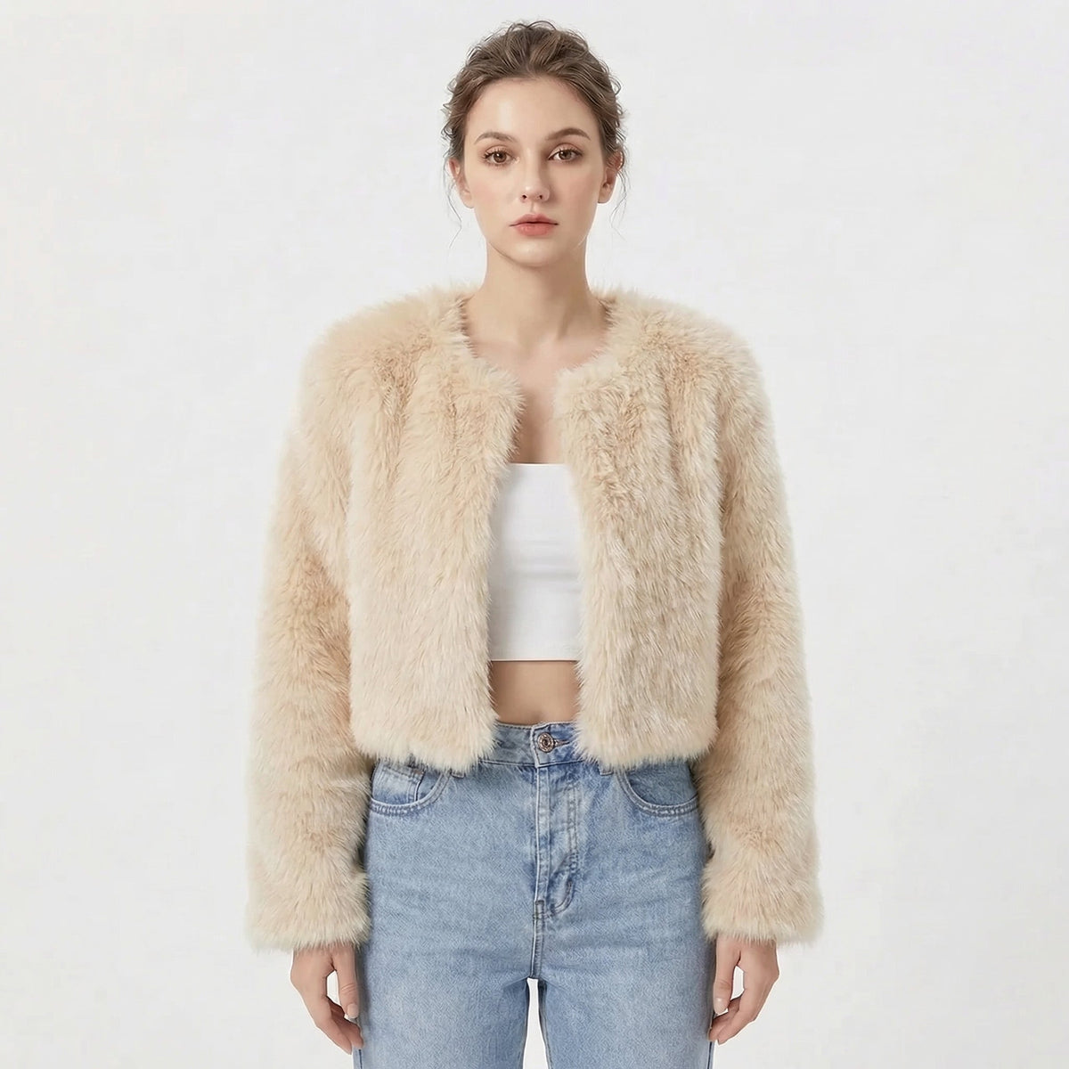 Cropped faux fur jacket, open front, shaggy pale cream faux fur texture