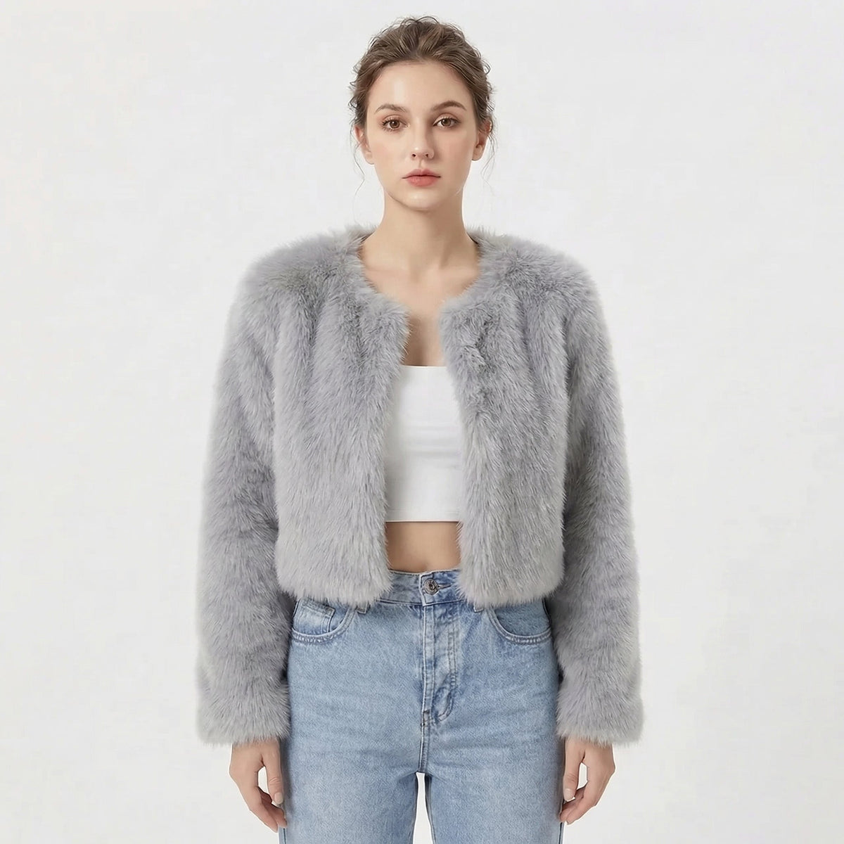 Cropped faux fur jacket, open front, shaggy light gray texture