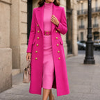 Wearbella fuchsia double-breasted coat with gold buttons, notched lapels and flap pockets