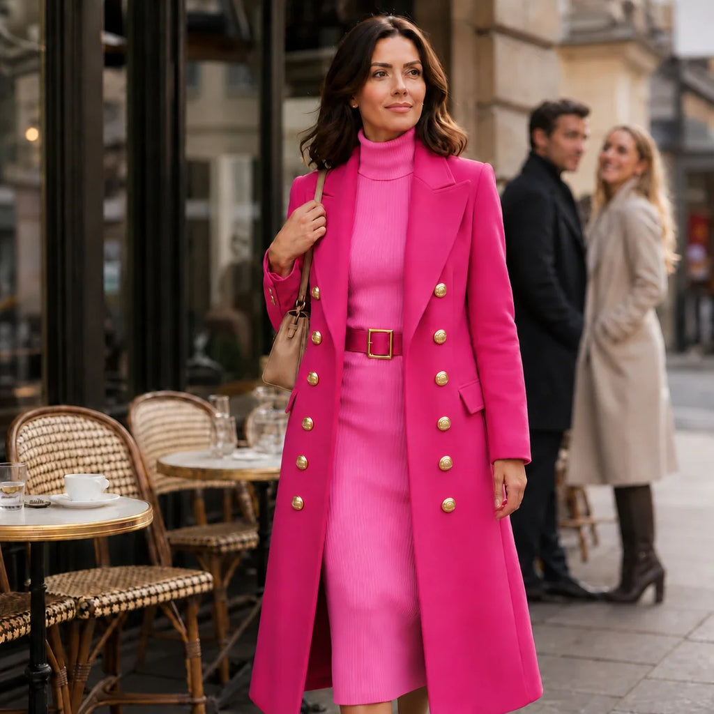 Wearbella double-breasted wool-look coat in vivid pink with gold-tone buttons and notched lapels