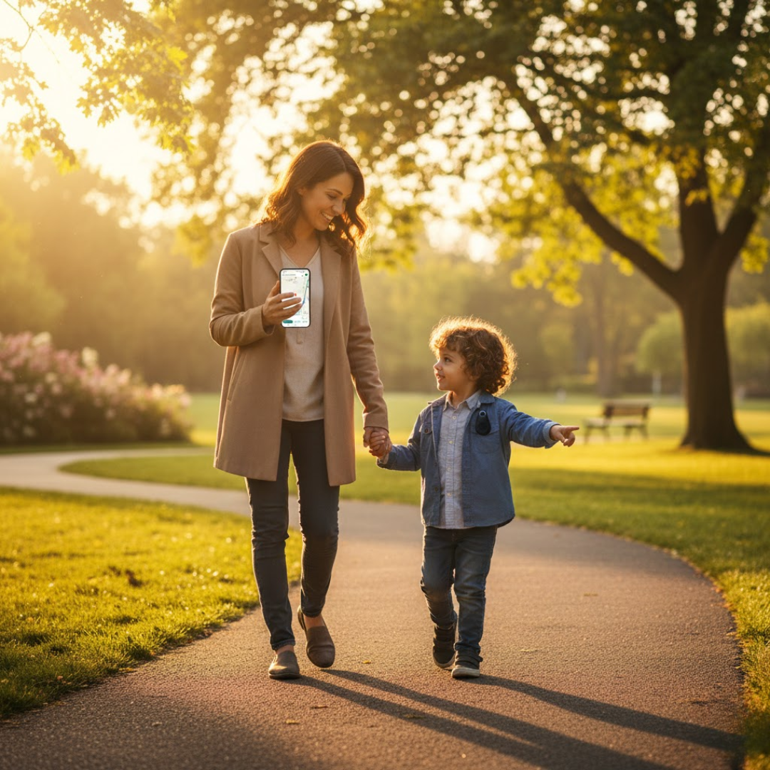 Kids GPS tracker key fob in white, held in an outdoor park scene