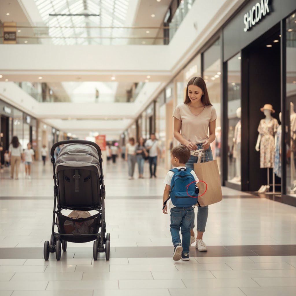 Kids GPS tracker attached to a child’s blue backpack, stroller nearby