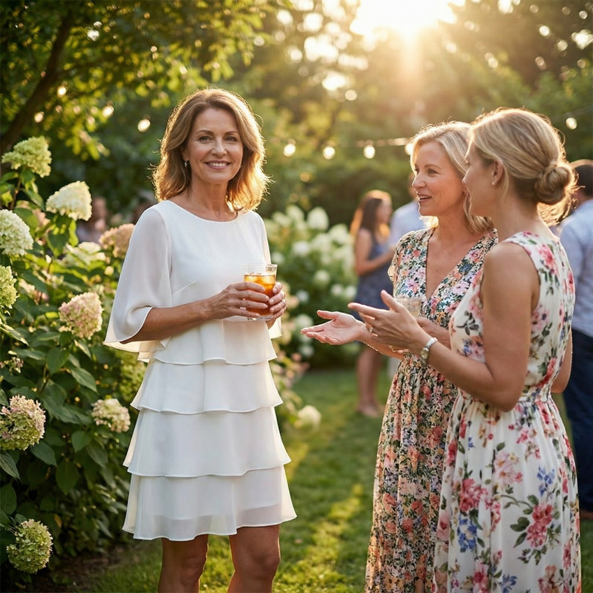 White tiered ruffle midi dress worn at outdoor garden gathering