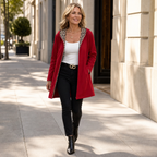 Red hooded coat with leopard-print lining, shown at knee length