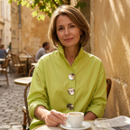 Lime green women's blouse with oversized silver statement buttons and pointed collar