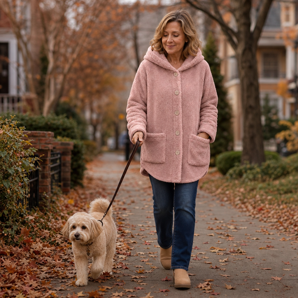 Pink fleece hooded jacket with button front and patch pockets, shown worn