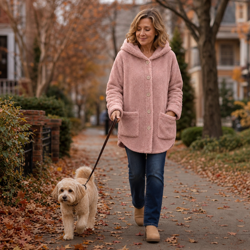 Pink fleece hooded jacket with button front and patch pockets, shown worn