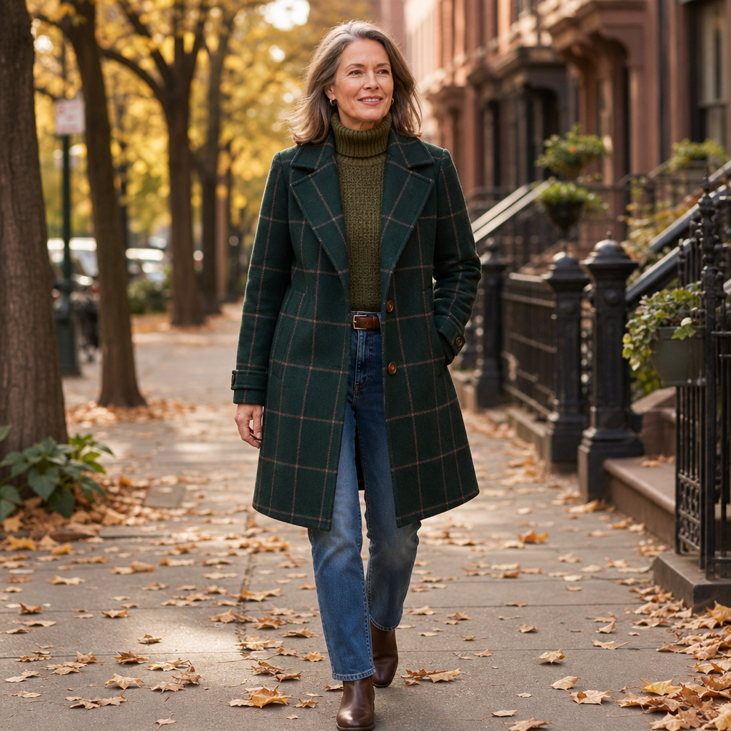 Green plaid oversized coat with notched lapels, two buttons, and knee-length cut