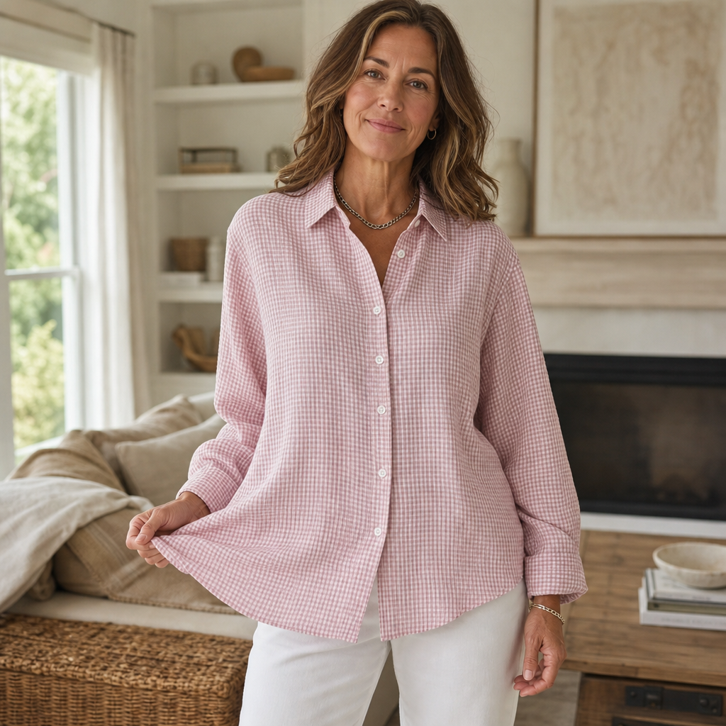 Women's pink gingham button-down shirt, relaxed fit, worn with white pants