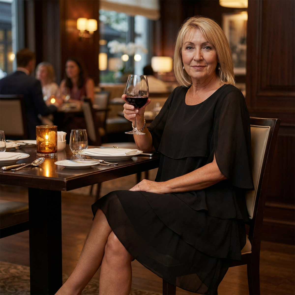 Black layered ruffle midi dress with short cape-like sleeves and tiered skirt