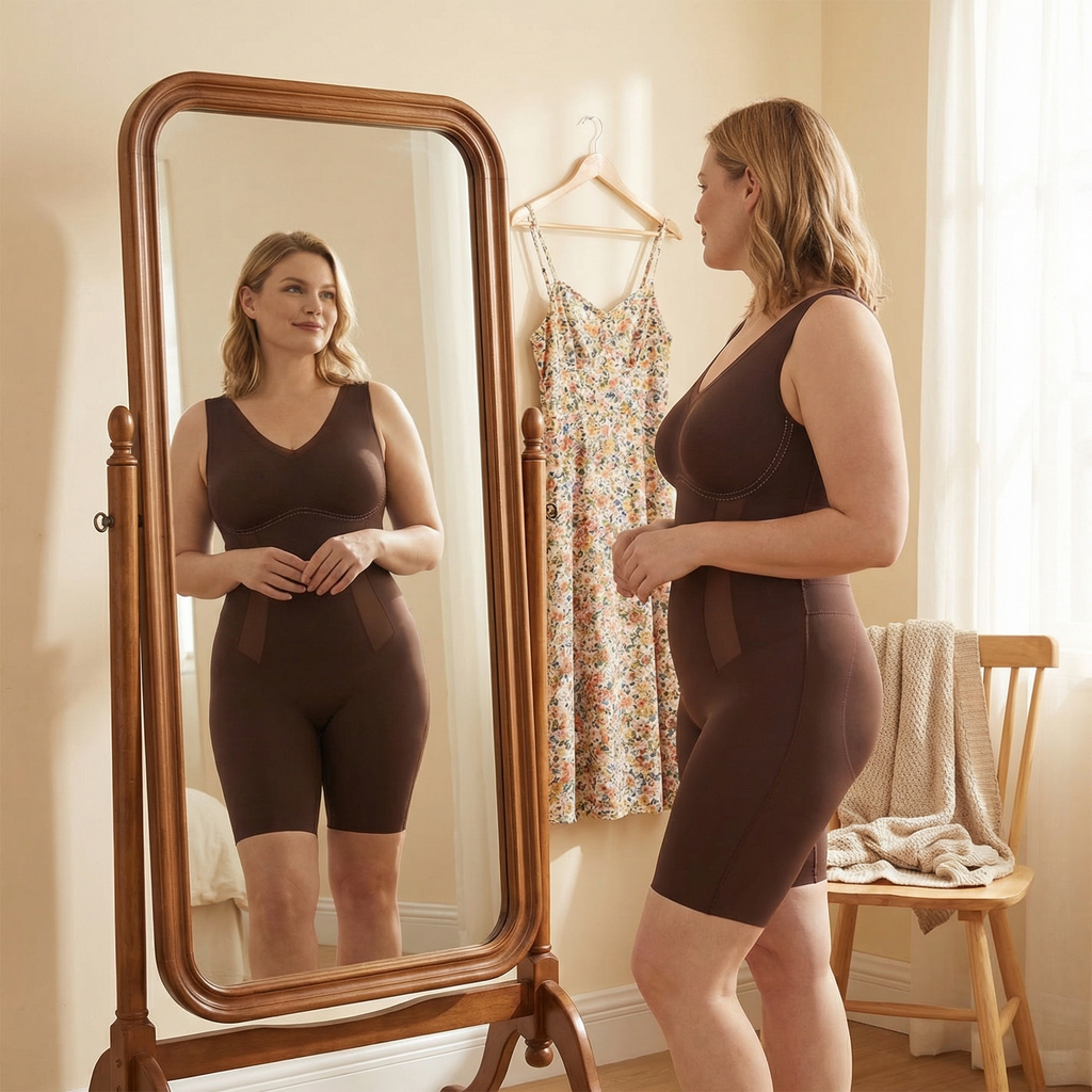 Women’s cocoa brown seamless shaping bodysuit, V-neck, sleeveless, mid-thigh length