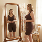 Women’s cocoa brown seamless shaping bodysuit, V-neck, sleeveless, mid-thigh length