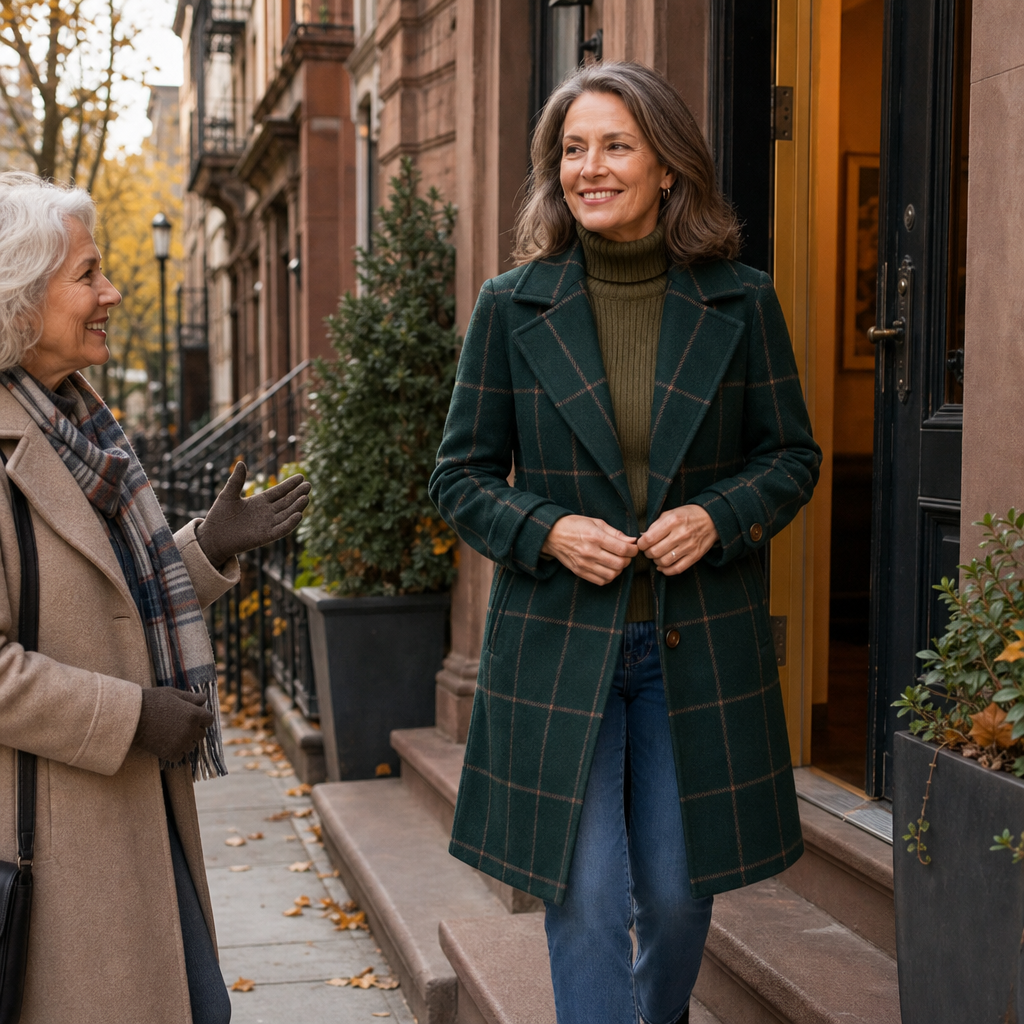 Green plaid coat shown buttoned, with long sleeves and notched lapels
