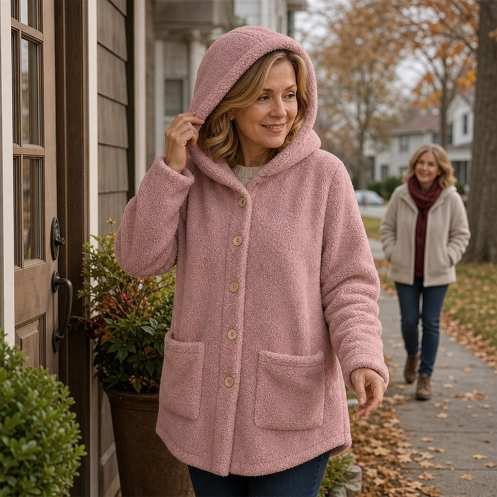 Pink button-front fleece jacket with hood and two patch pockets