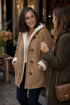 Taupe faux suede hooded coat with plush lining, toggle closures and cuff trim
