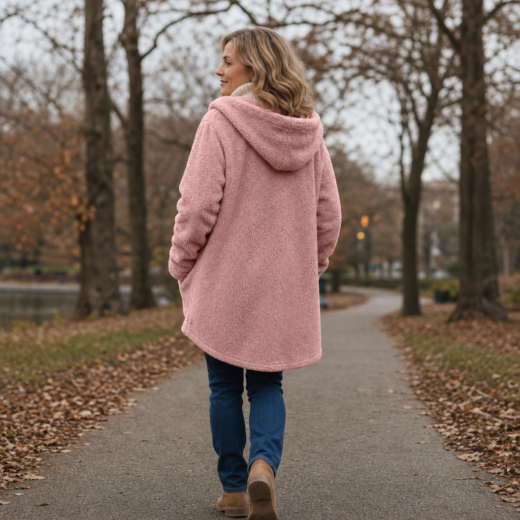 Back view of pink fleece hooded jacket with a long rounded hem