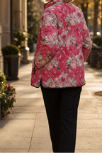 Wearbella pink floral quilted jacket, back view with all-over rose print