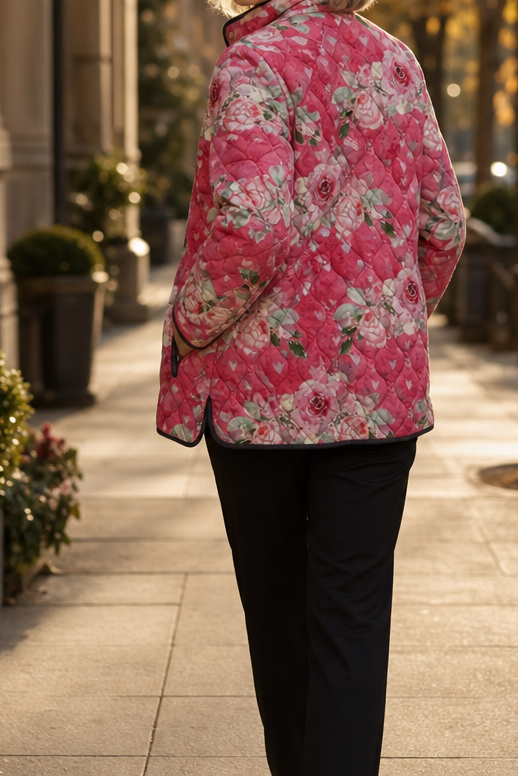 Wearbella pink floral quilted jacket, back view with all-over rose print
