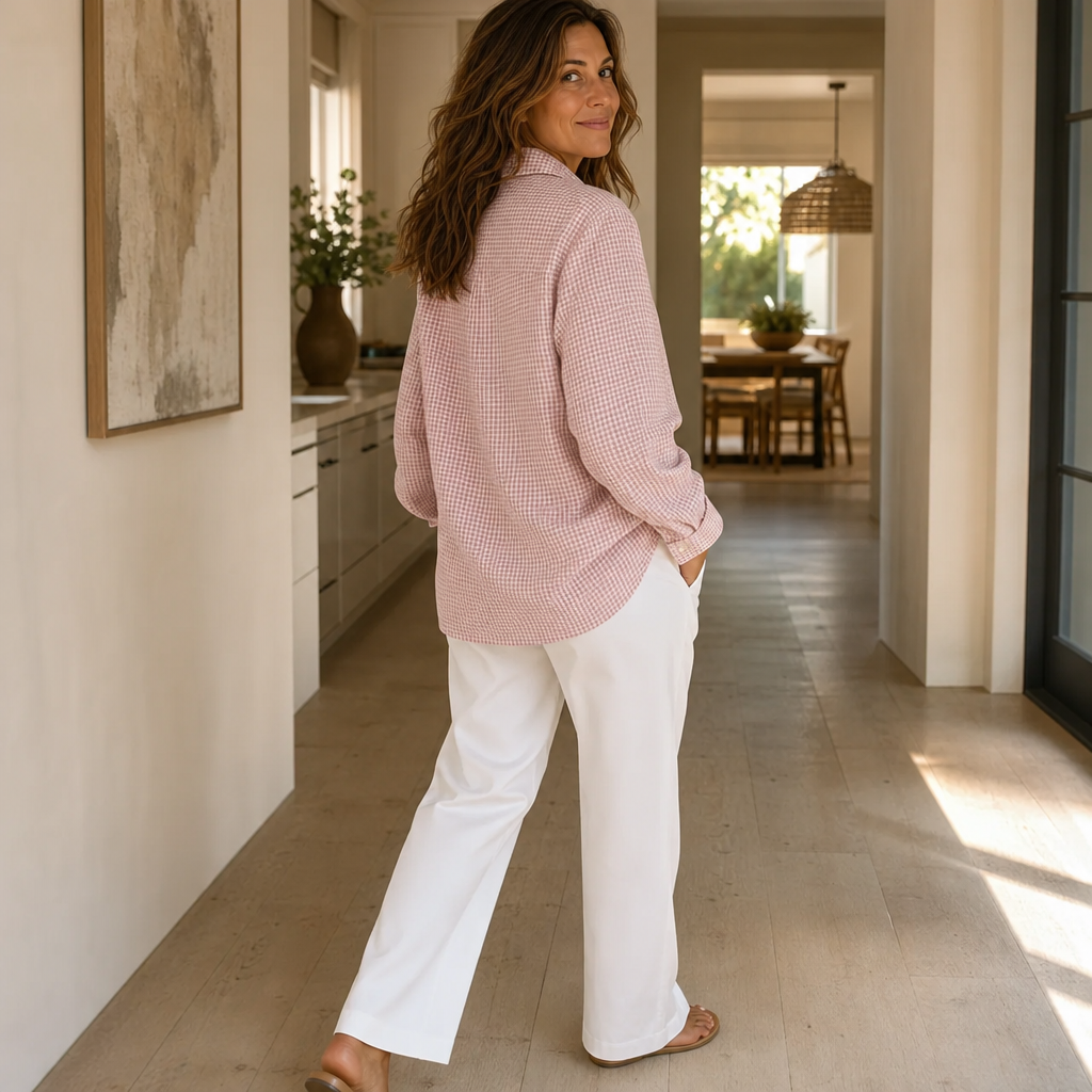 Women's pink gingham button-down shirt, relaxed fit, side view