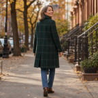 Back view of green plaid oversized coat with a center vent