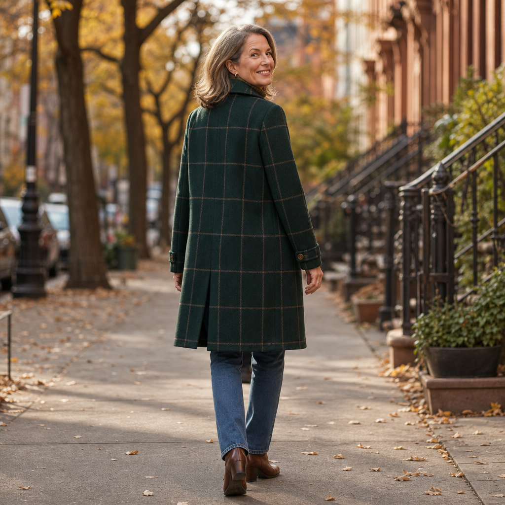 Back view of green plaid oversized coat with a center vent