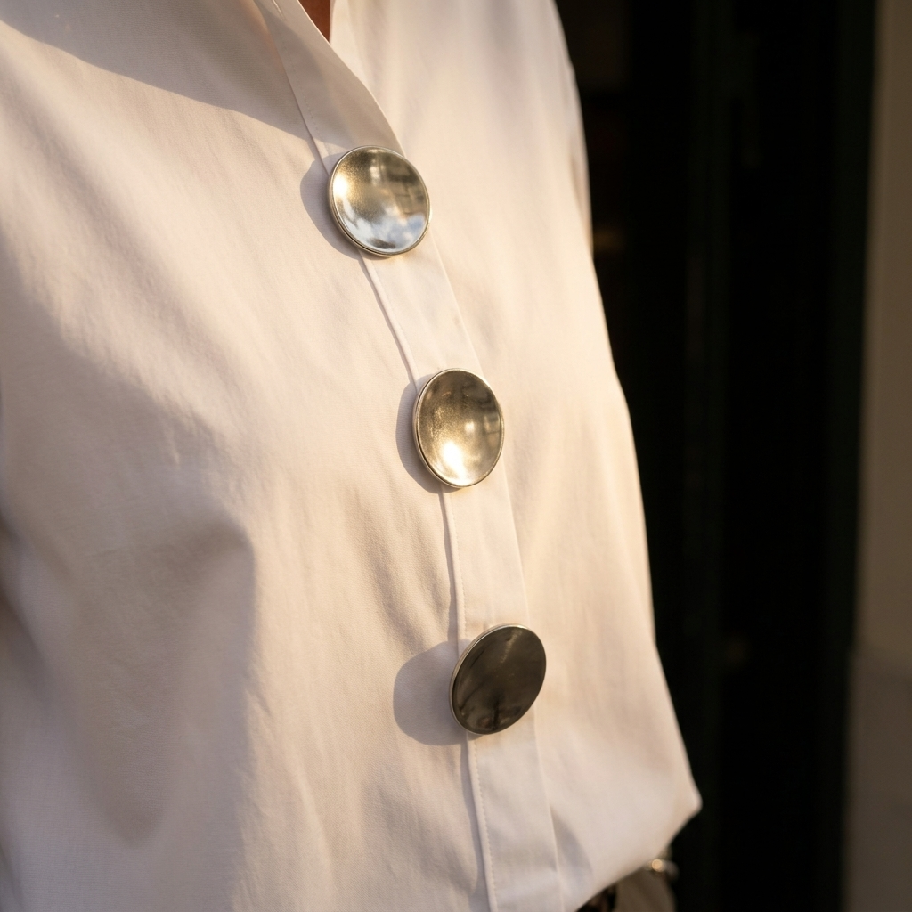 White blouse front with oversized silver buttons on a button placket
