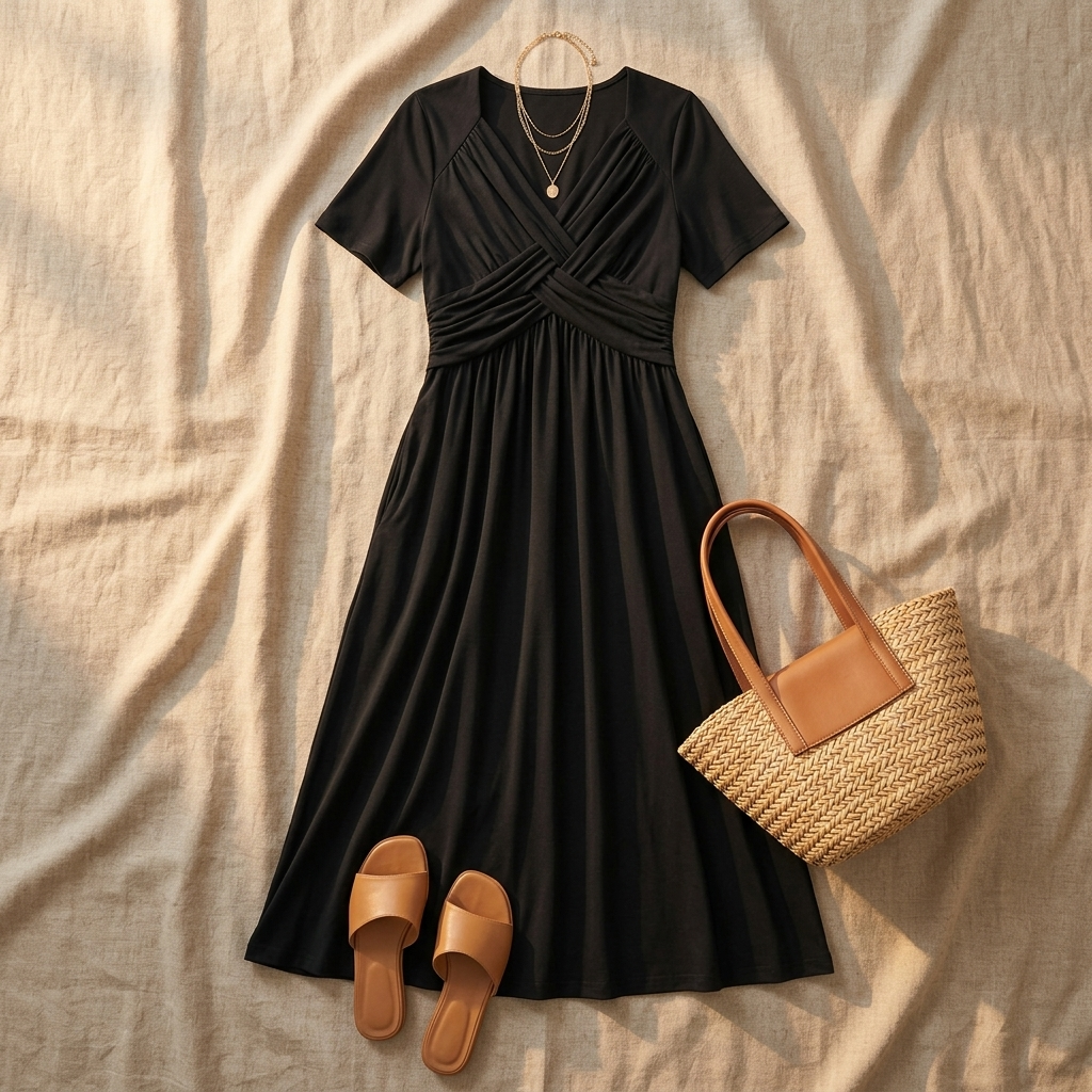 Women’s black crossover V-neck midi dress with short sleeves, flat lay