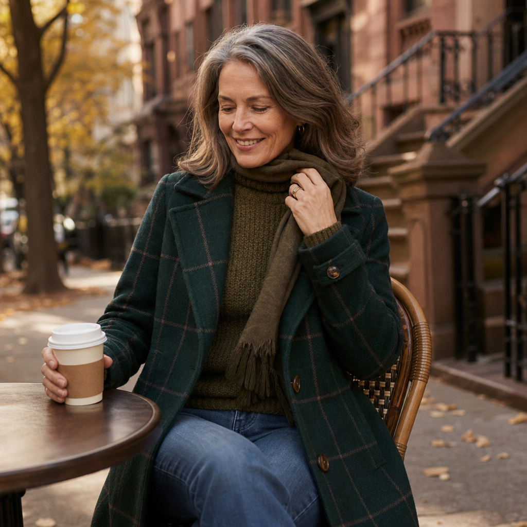 Green plaid coat detail with notched lapels, buttons, and cuff tab