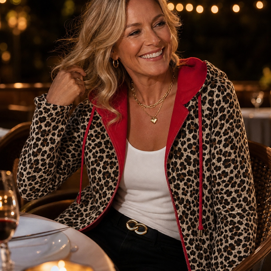 Reversible coat worn leopard-print side out with red hood lining