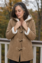 Taupe hooded faux suede coat with plush lining and three toggle closures