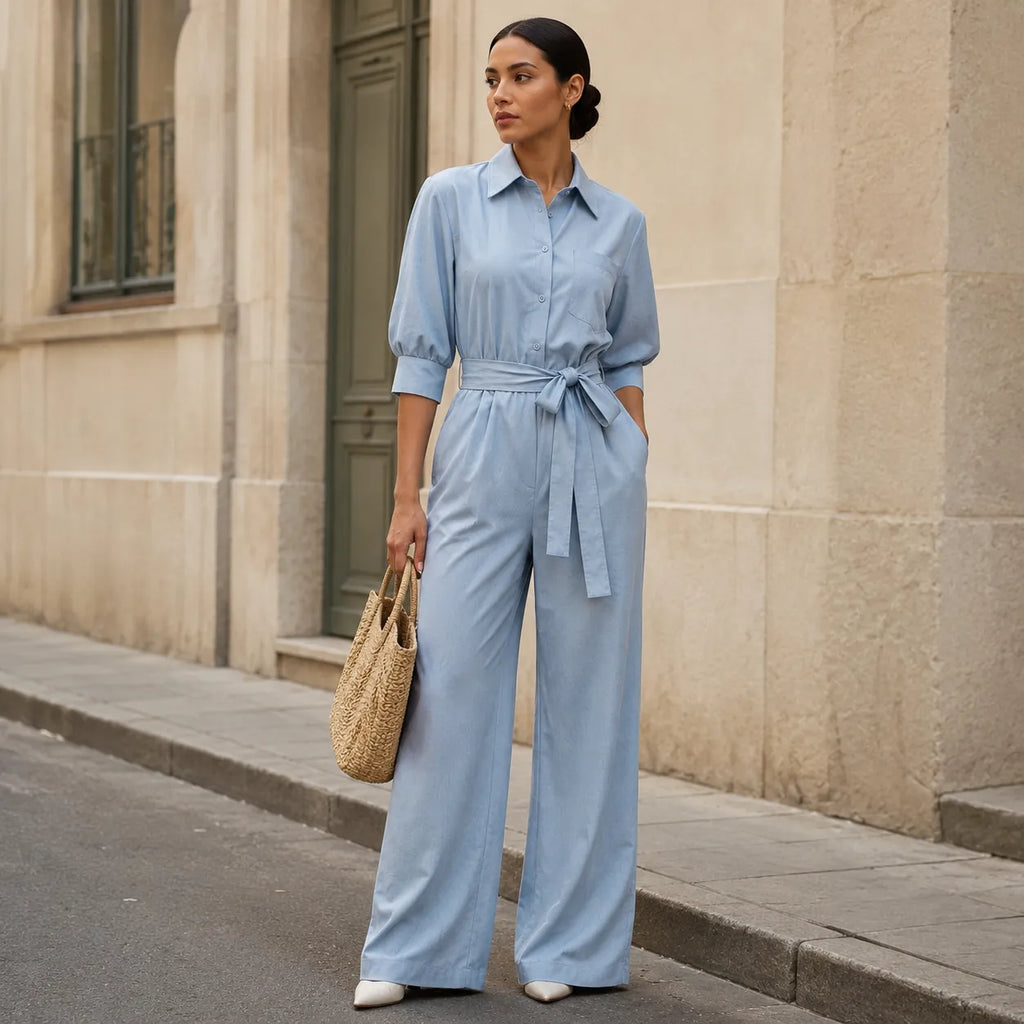Chambray blue belted wide-leg shirt jumpsuit with tie waist and rolled sleeves