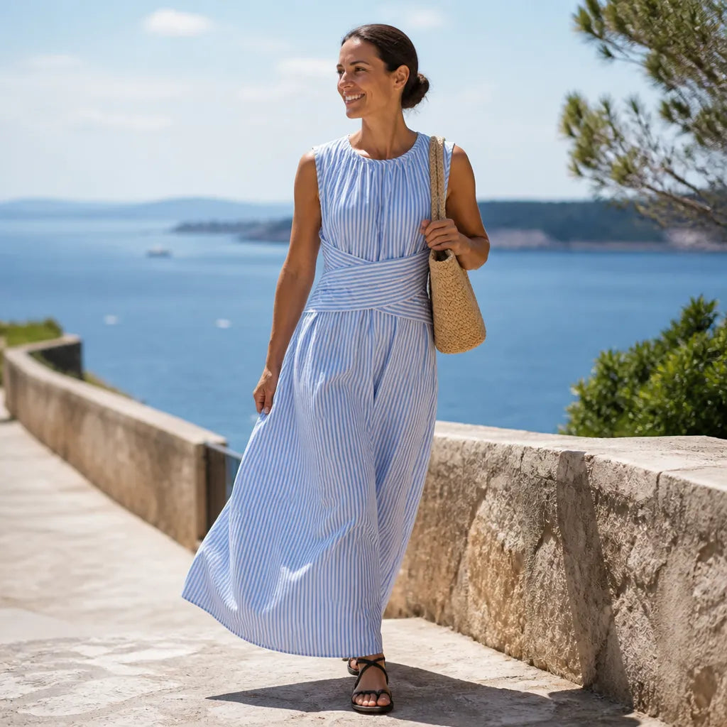 Blue striped sleeveless maxi dress with gathered wrap waist and flowing skirt