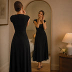 Square-neck A-line midi dress with sculpted waist, short sleeves, dark navy