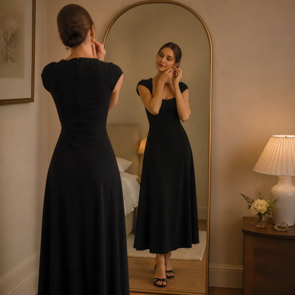 Square-neck A-line midi dress with sculpted waist, short sleeves, dark navy