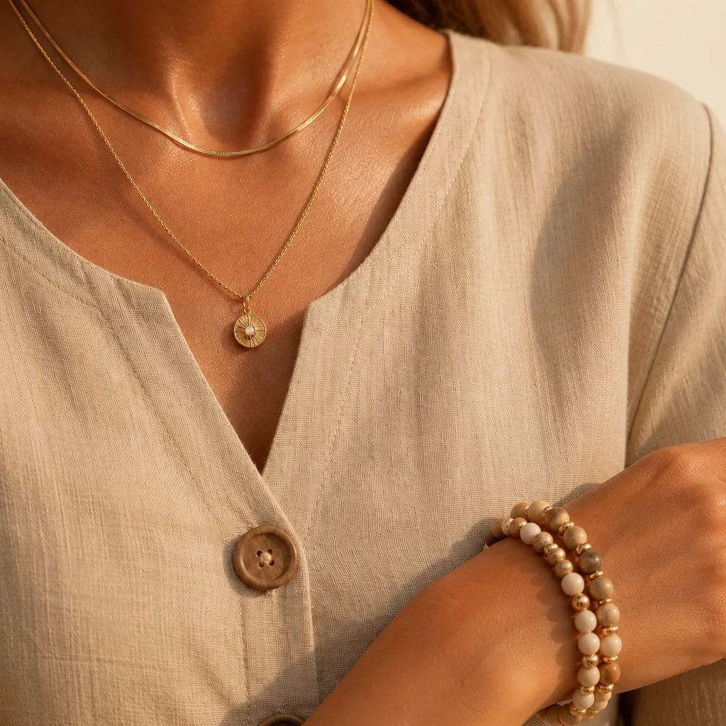 Beige linen-look button front top close-up with round wooden buttons