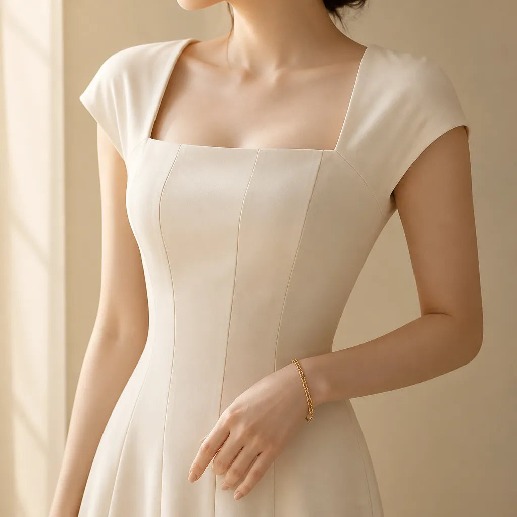 Square-neck A-line midi dress with sculpted waist seams, short sleeves, ivory