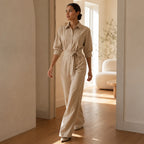 Beige belted wide-leg shirt jumpsuit with tie waist and button-front shirt collar